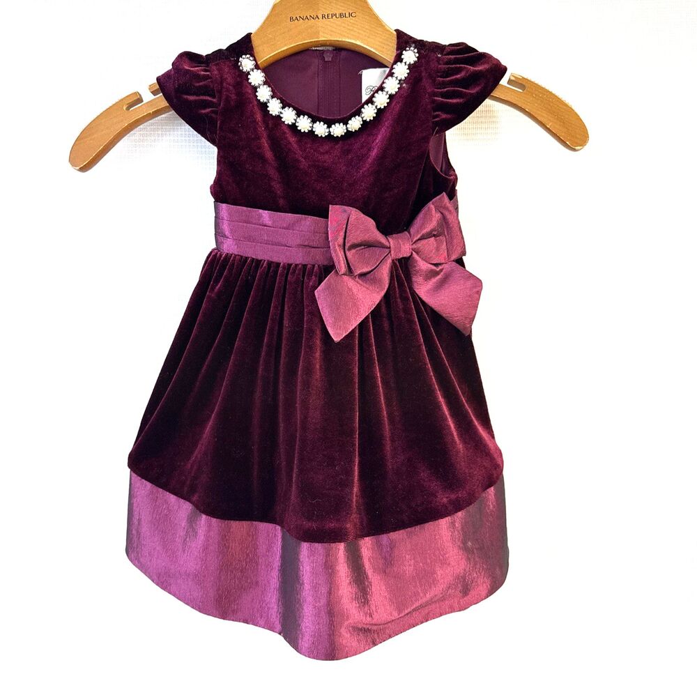 Adorable Burgundy Velvet & Satiny Dress with Pearl Jewel Collar – 18 Month